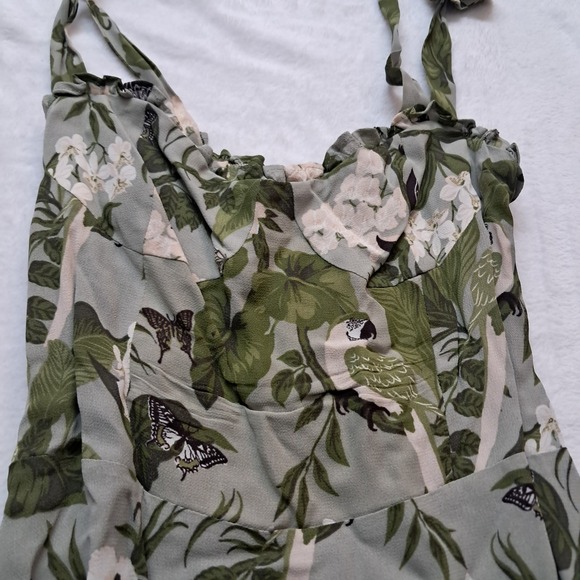 Reformation Nikita Dress Women's 2 Midi Green Tropical Leaf Vacation Tie Strap - Picture 10 of 16